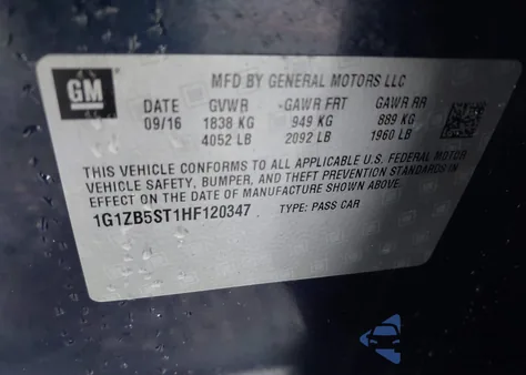 2017 Chevrolet Malibu Ls из США, поврежденный, VIN 1G1ZB5ST1HF120347